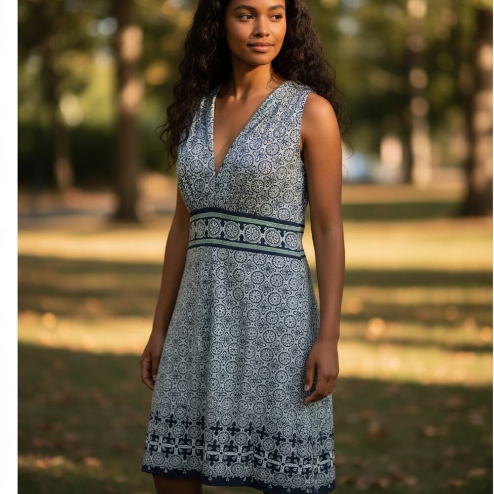 Max Studio Jersey Halter Dress Womens XL Blue Green Geo Print Sleeveless Midi - Picture 5 of 11